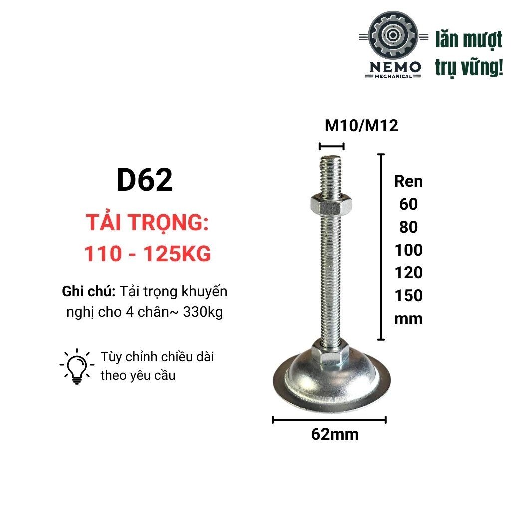 Chân tăng chỉnh đế thép, M10-M16, bulong 60mm-150mm tải 90kg-150kg cho giá kệ, bàn thao tác